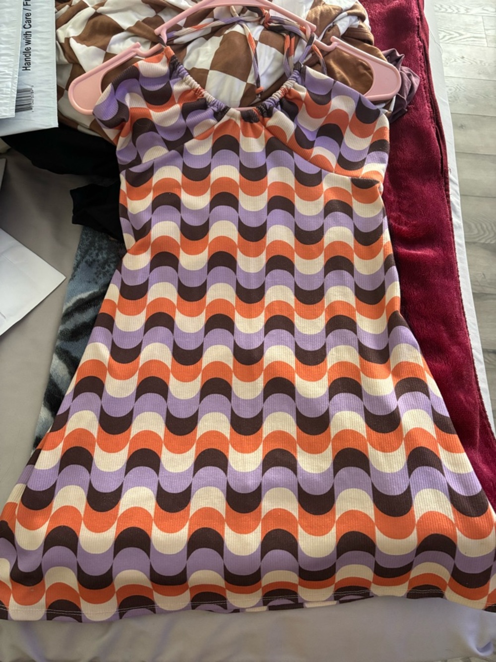 Girls' Retro Wave Print Spaghetti Strap Dress - Purple, Orange, Cream, Brown